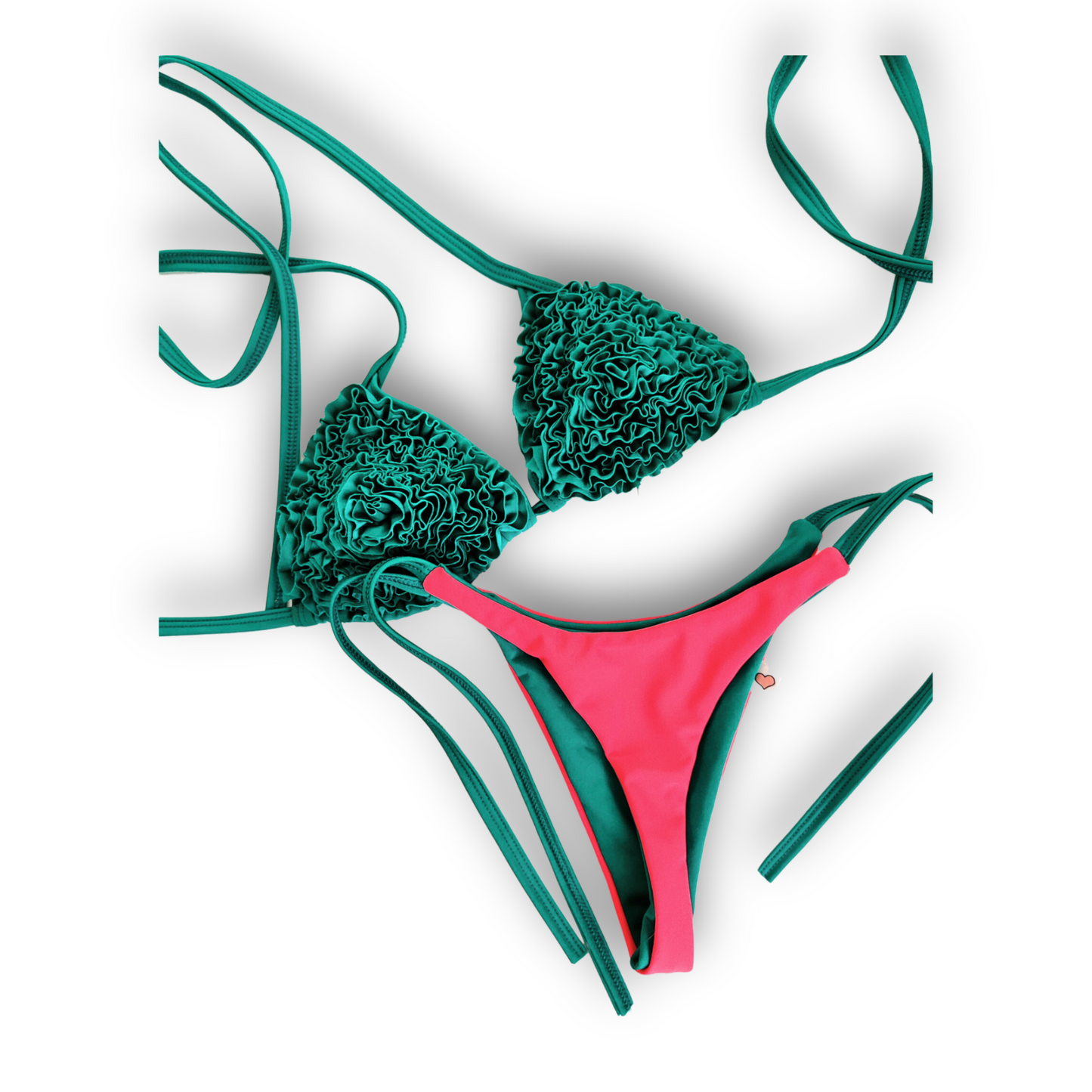 Conjunto Bikini Mil Vuelitos + Tanga Verde Cata con Rosa Fluor