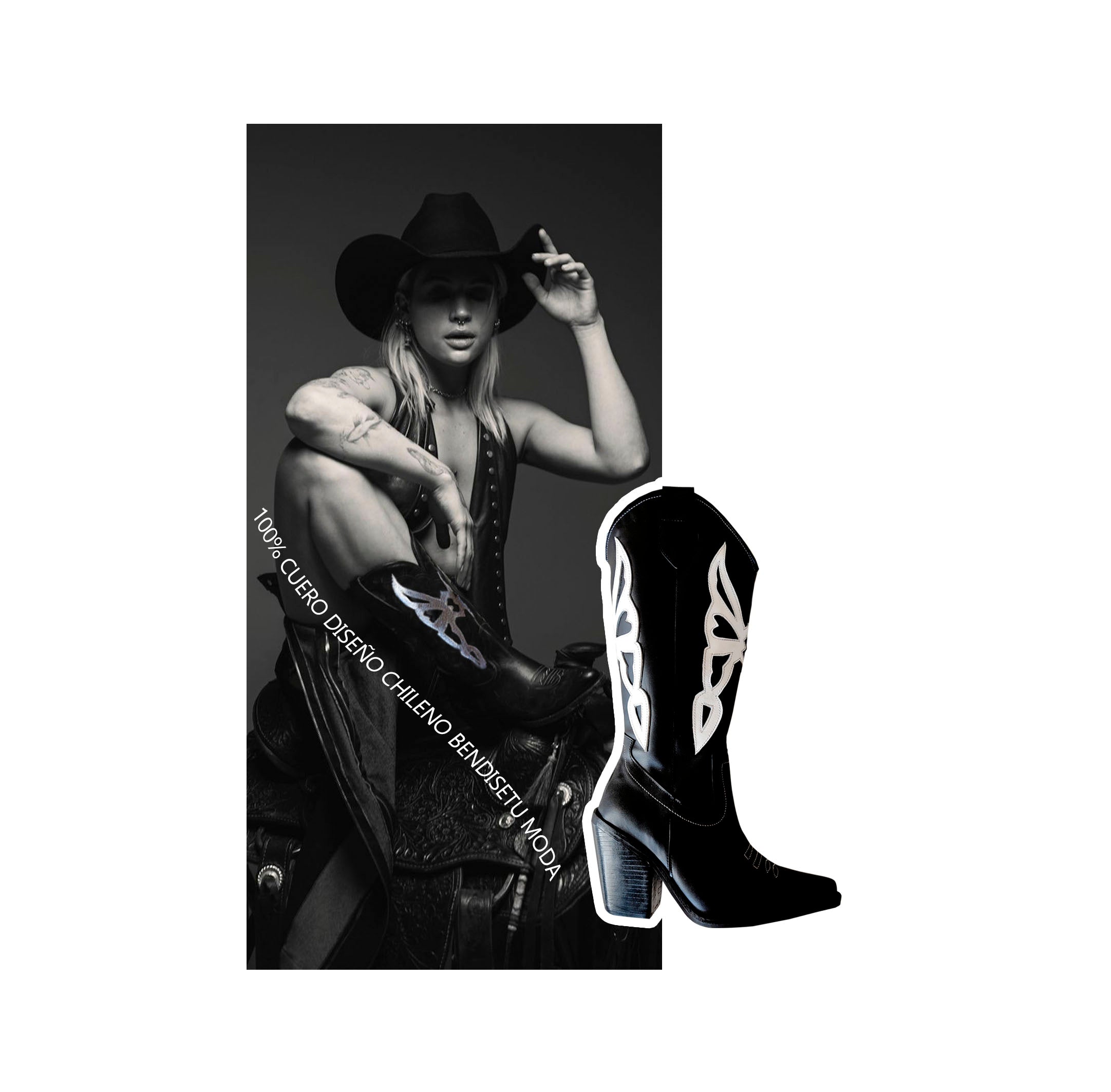 Botas Mariposa Cuero Negro - Aplicación en Cuero Blanco