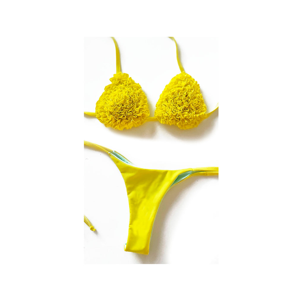 Conjunto Bikini Amarillo Flúor Mil Vuelitos + Tanga