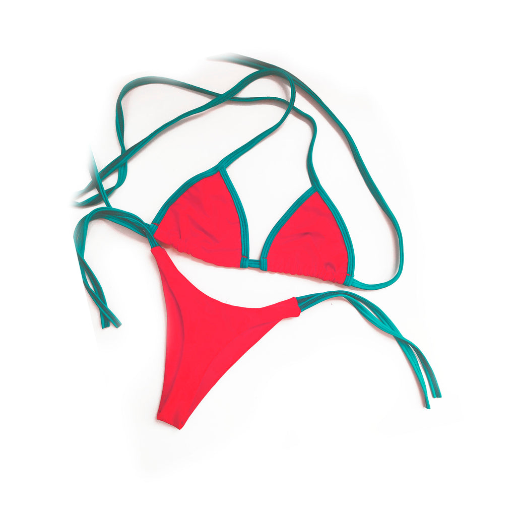 Bikini conjunto Bicolor + Tanga Rojo Sandia con Verde Petróleo