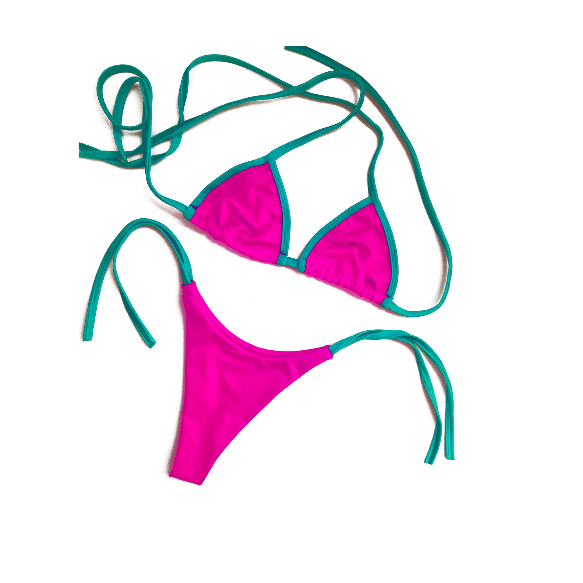 Bikini conjunto Bicolor + Tanga Fucsia con Verde Petróleo