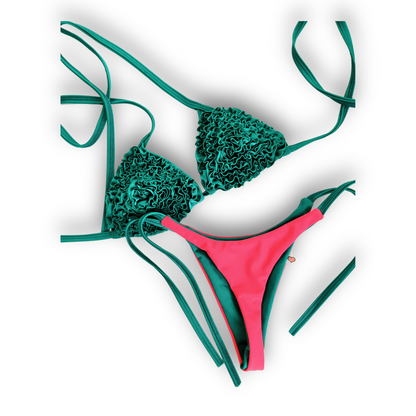Conjunto Bikini Mil Vuelitos + Tanga Verde Cata con Rosa Fluor