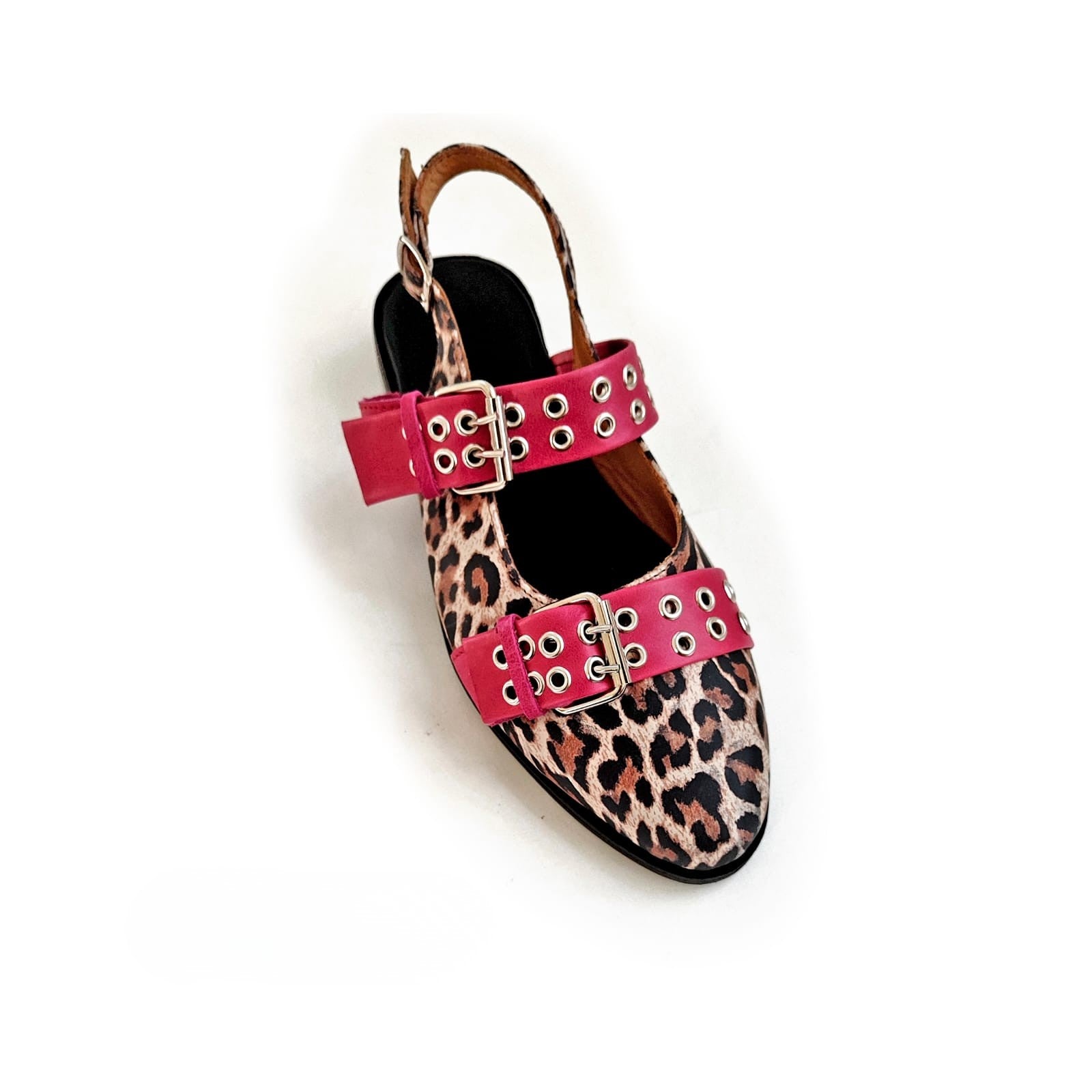 Zapato Cuero Animal Print Correas Fucsia