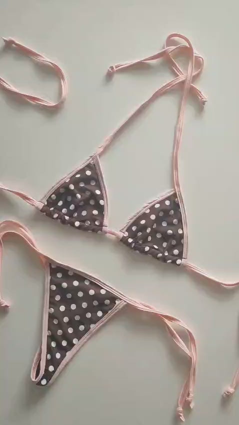 Nuevo! Bikini estampado Chocolate con lunares Blancos y bordes Rosa