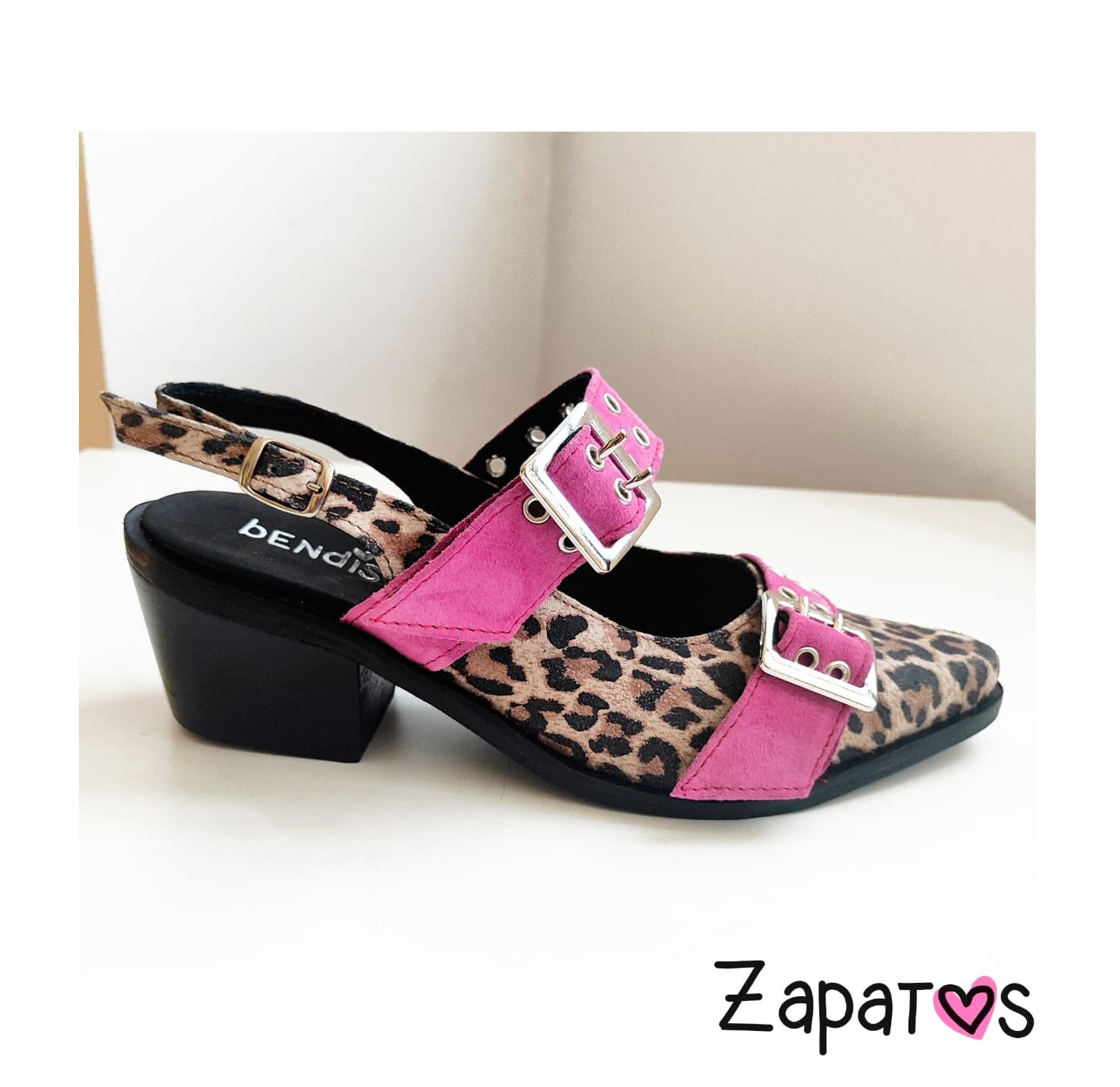 Zapato Cuero Animal Print Correas Fucsia