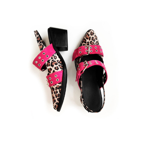 Zapato Cuero Animal Print Correas Fucsia
