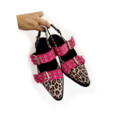 Zapato Cuero Animal Print Correas Fucsia
